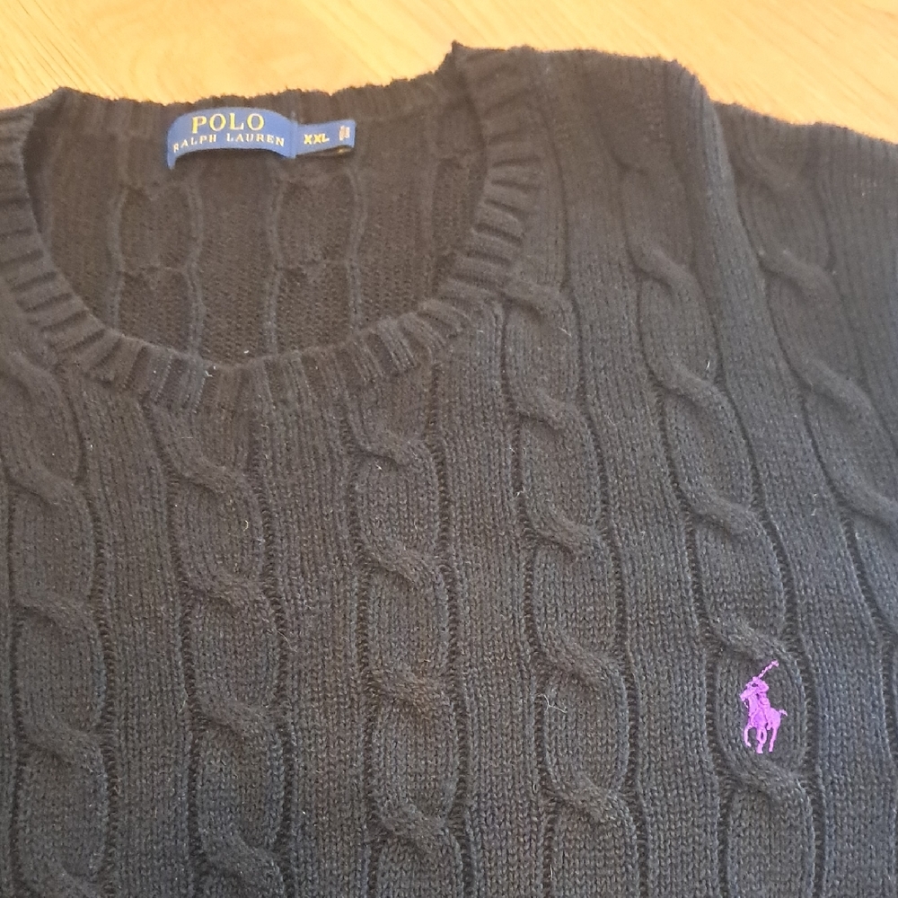 Polo by Ralph Lauren Black Cable Knit Sweater with Purple Logo